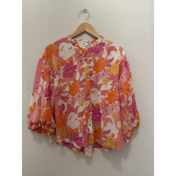 Fate Blouse Women’s Floral Polyester Balloon Sleeve Orang Pink Button Down Small - Picture 1 of 5